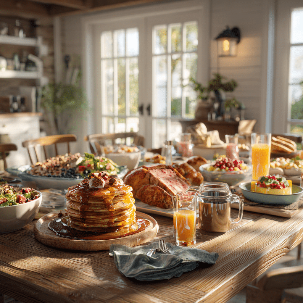 Family-style American kitchen table showing pancakes, chicken, cakes, and juices