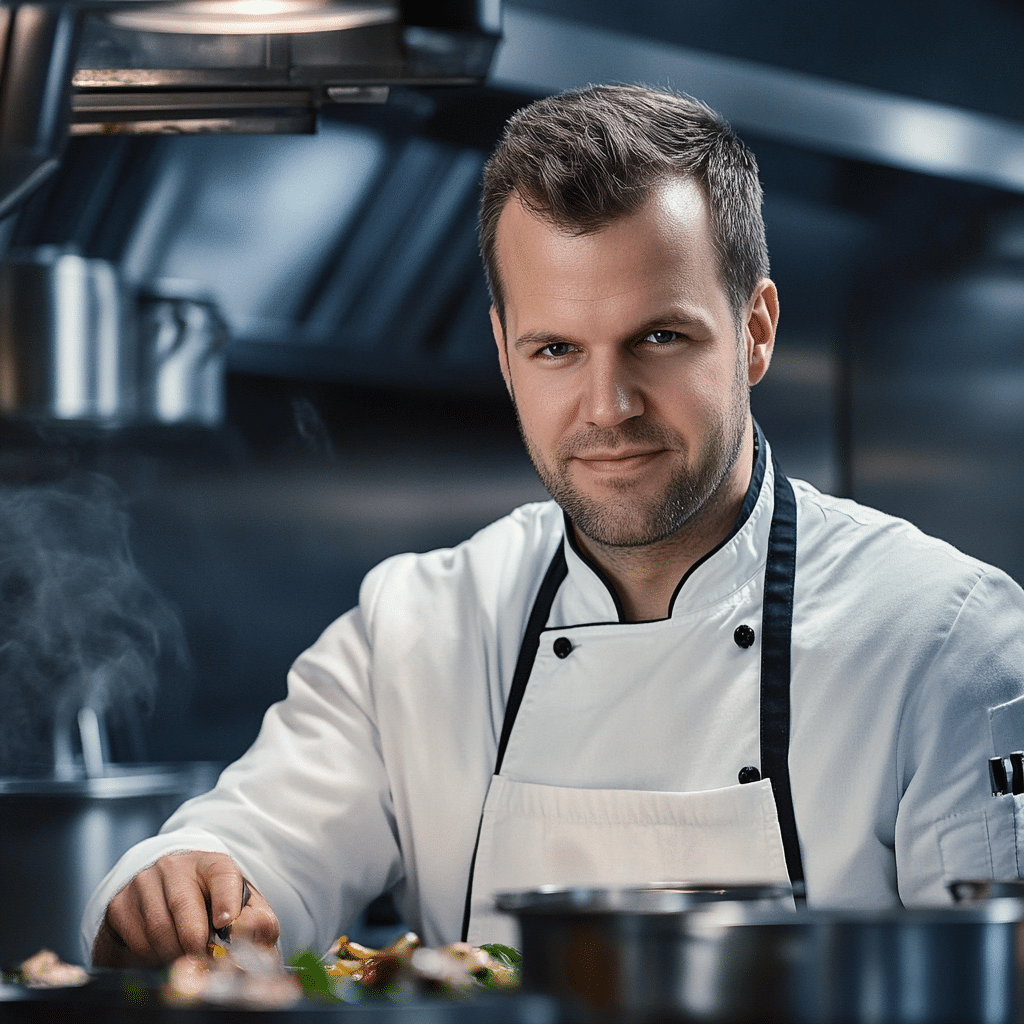 Chef Christopher Hayes in the kitchen smiling and cooking
