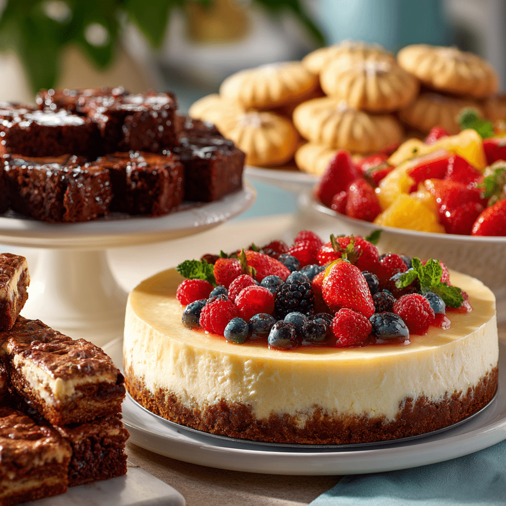 Dessert table with brownies, cheesecake, cookies, and fruit salad