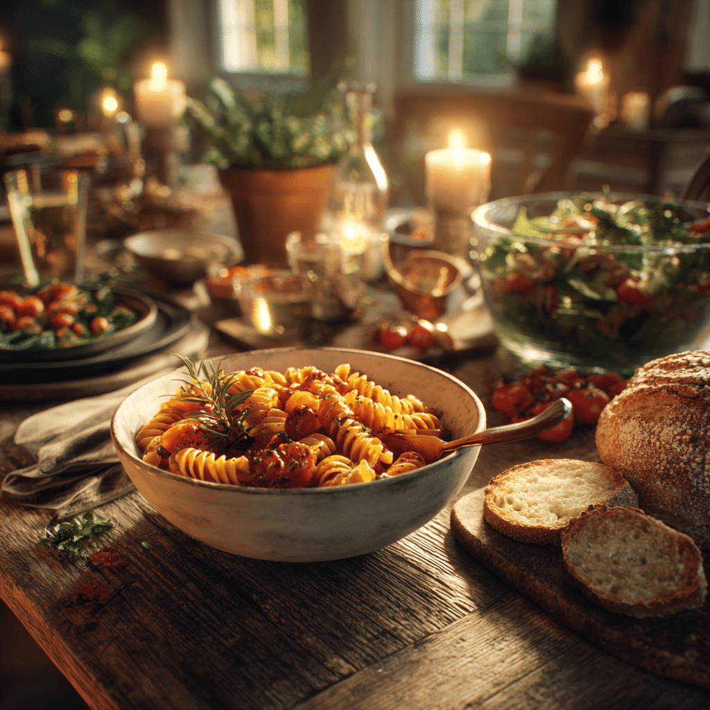 Traditional American family dinner with pasta, bread, and salad