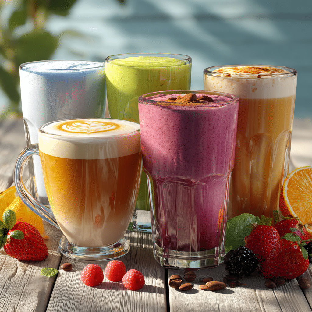 Morning drinks with smoothies, juice, and coffee