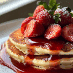 Fluffy Pancakes with Strawberry Maple Syrup