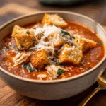 Chicken Parmesan Soup with Mozzarella Croutons